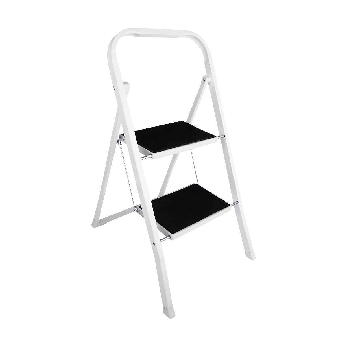 A folding step stool with two black steps and a white frame, freestanding on a white surface.