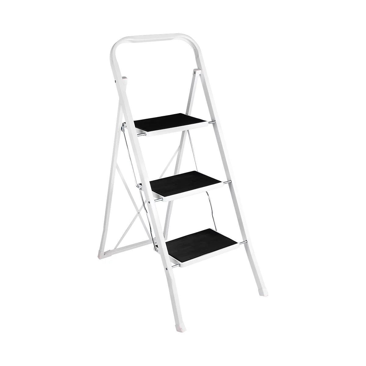 White stepladder with three black steps. It stands slightly tilted against a white background.