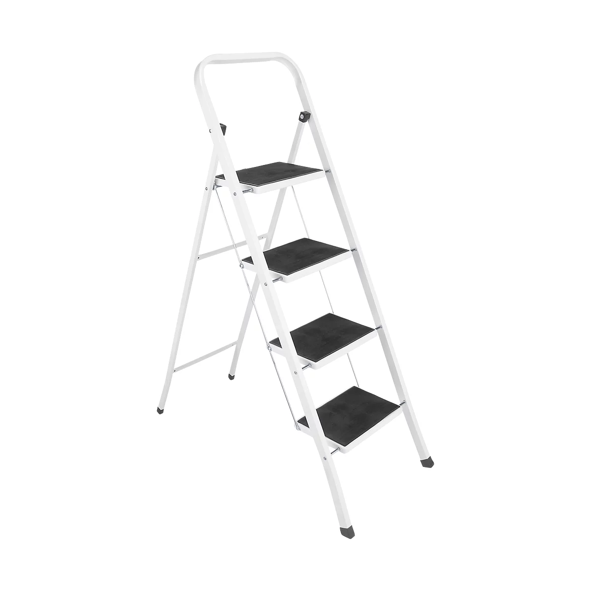 White step ladder with four steps and black tread, against white background.