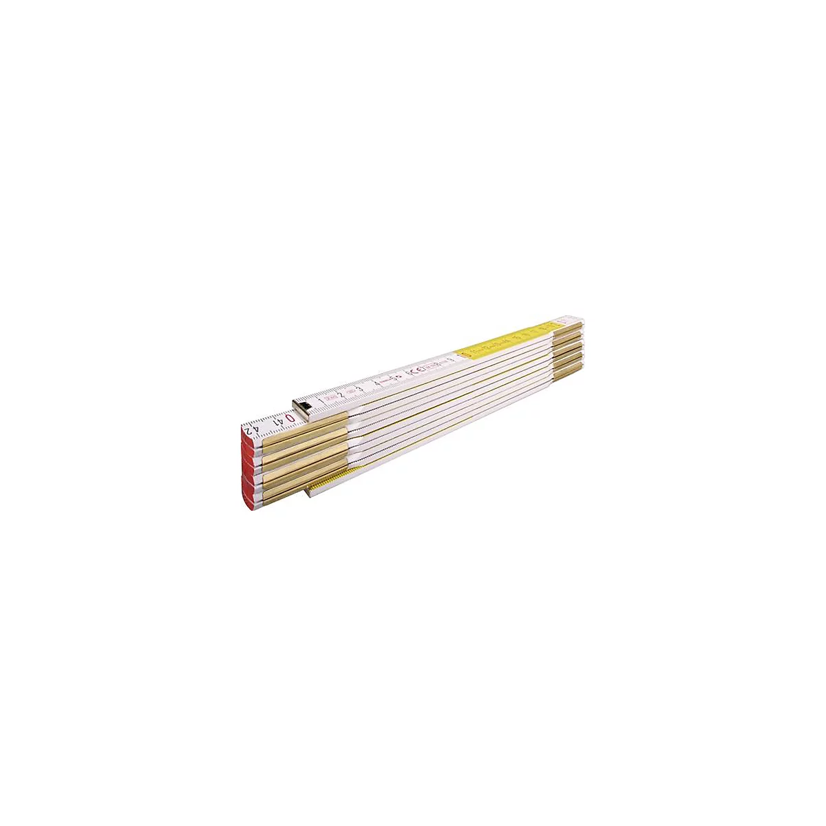Folded ruler in white, yellow and red with clearly visible measurements.
