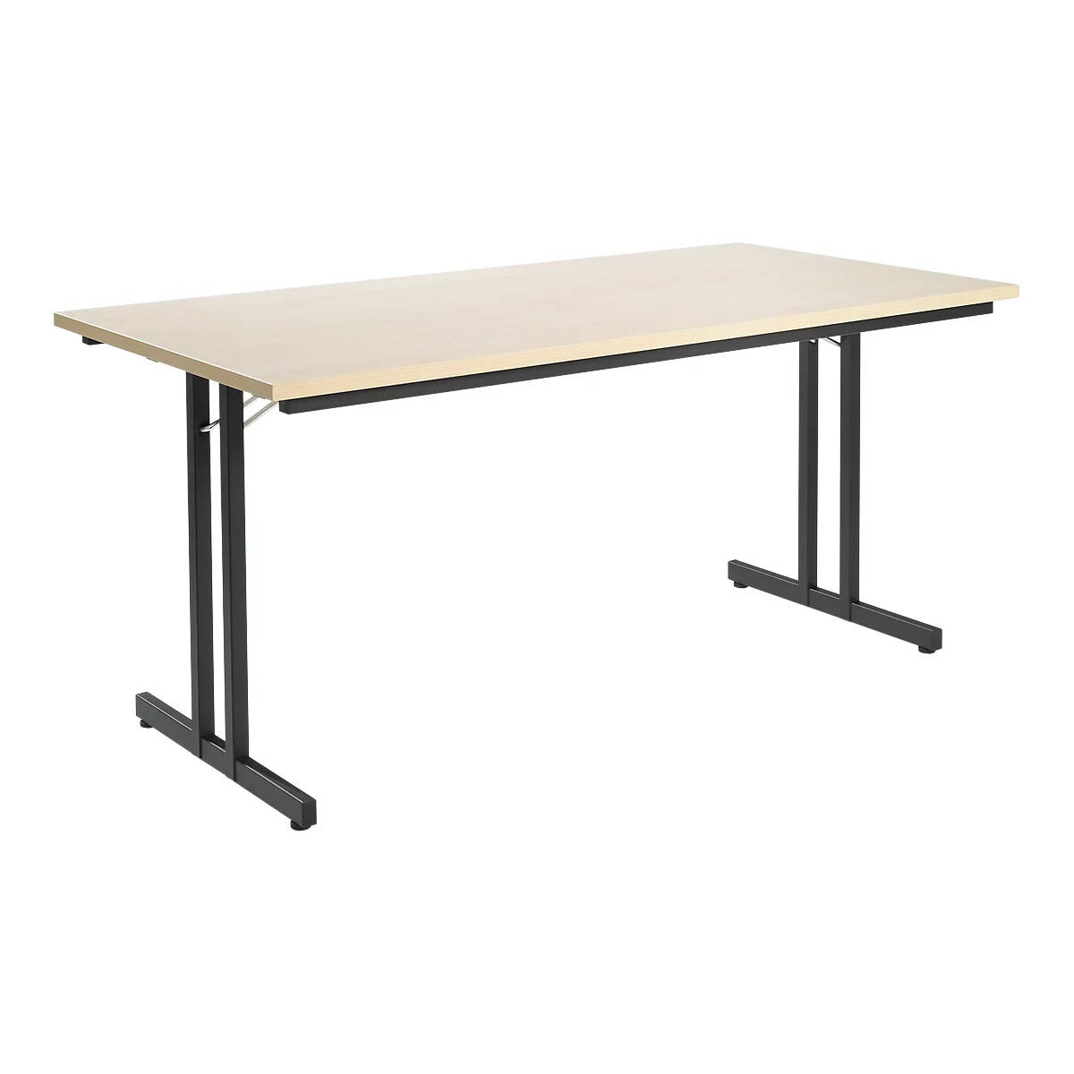 A rectangular table with a light brown tabletop and black metal legs. The legs are T-shaped and the table looks simple.