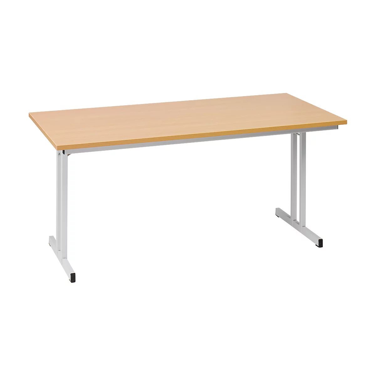 A rectangular table with a light brown wooden top and a white metal frame. The table legs are U-shaped and sturdy.