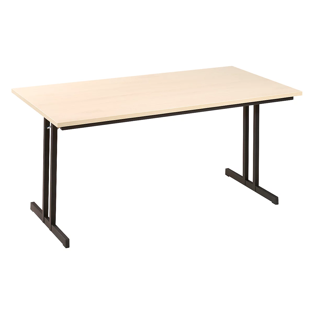 A rectangular light brown table with black metal legs. The legs are T-shaped.