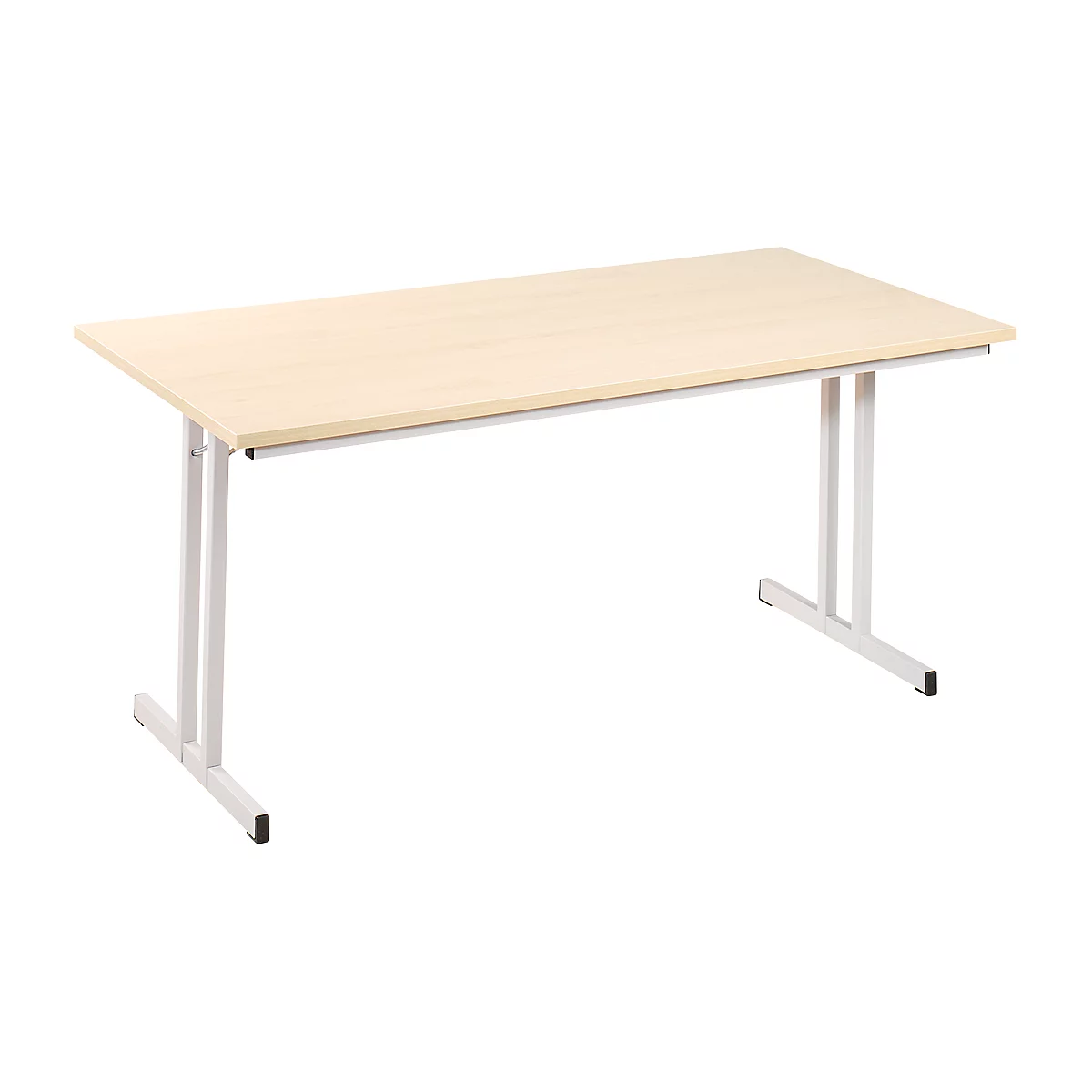 A rectangular, beige table with white metal legs. The table is empty and stands against a white background.