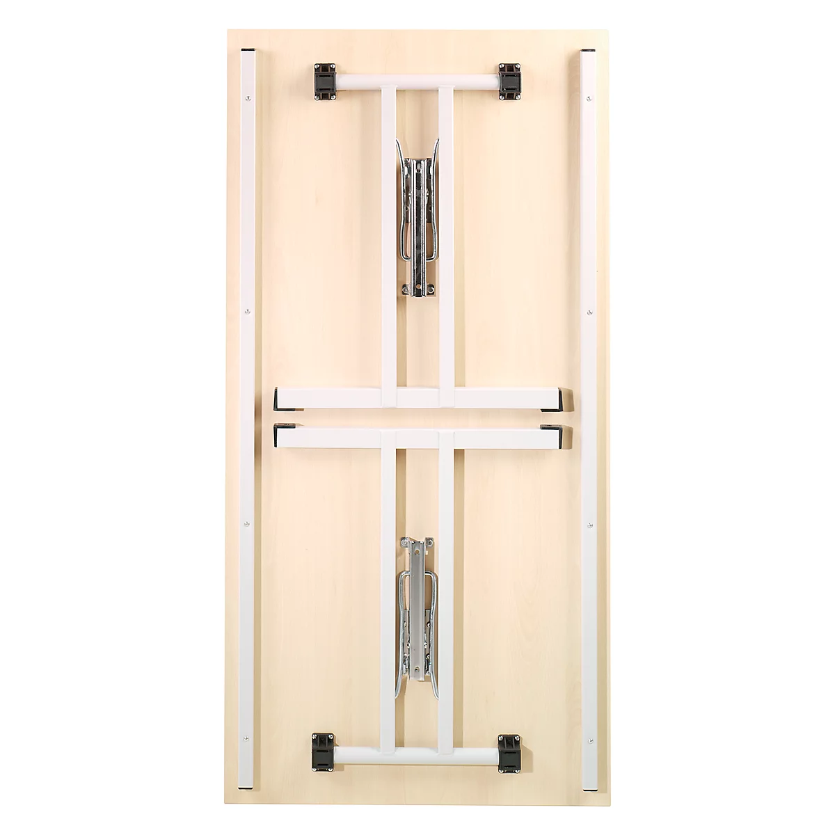 Top view of a folding table; light wood, white frame.