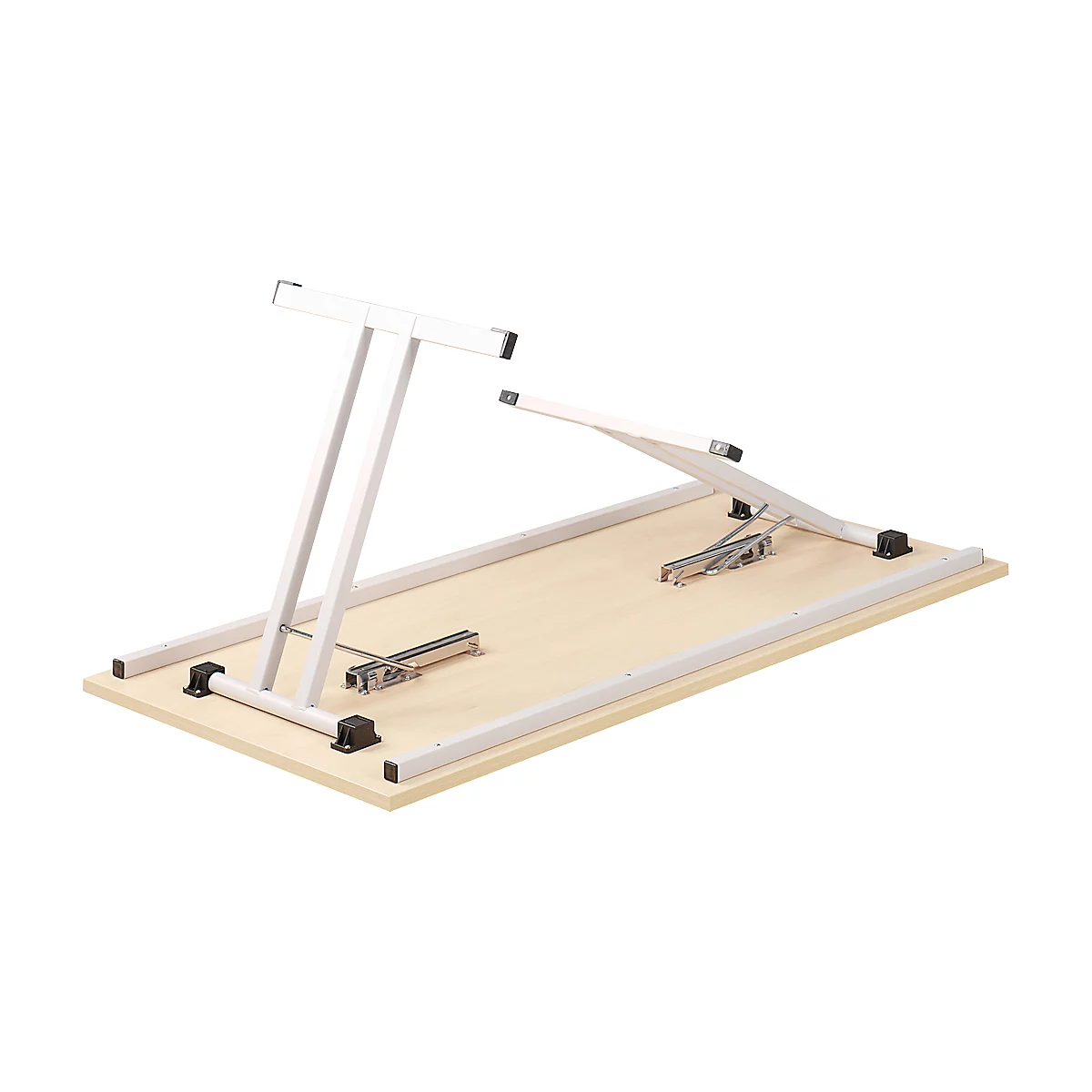 Underside view of a white folding table with a rectangular light wood top, metal legs, and mechanisms.