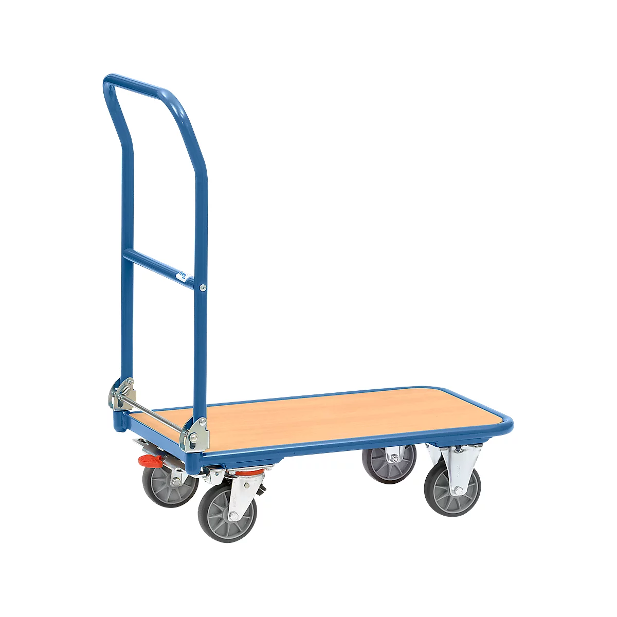 Blue painted platform trolley with four wheels and wooden top. The handle rises upwards.