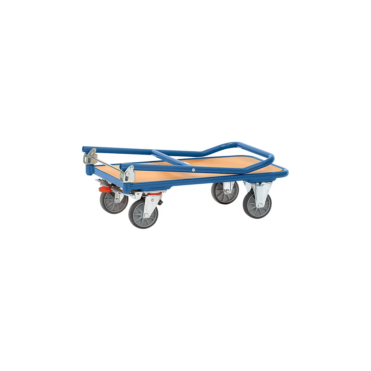 Blue hand cart, wooden board, four wheels, handle.