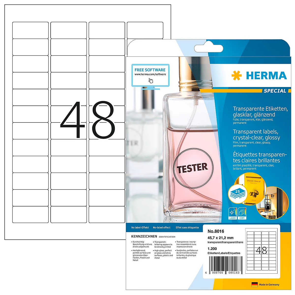 Verpakking van transparante etiketten met een parfumfles, etiket met de tekst "TESTER" en de opdruk "48".