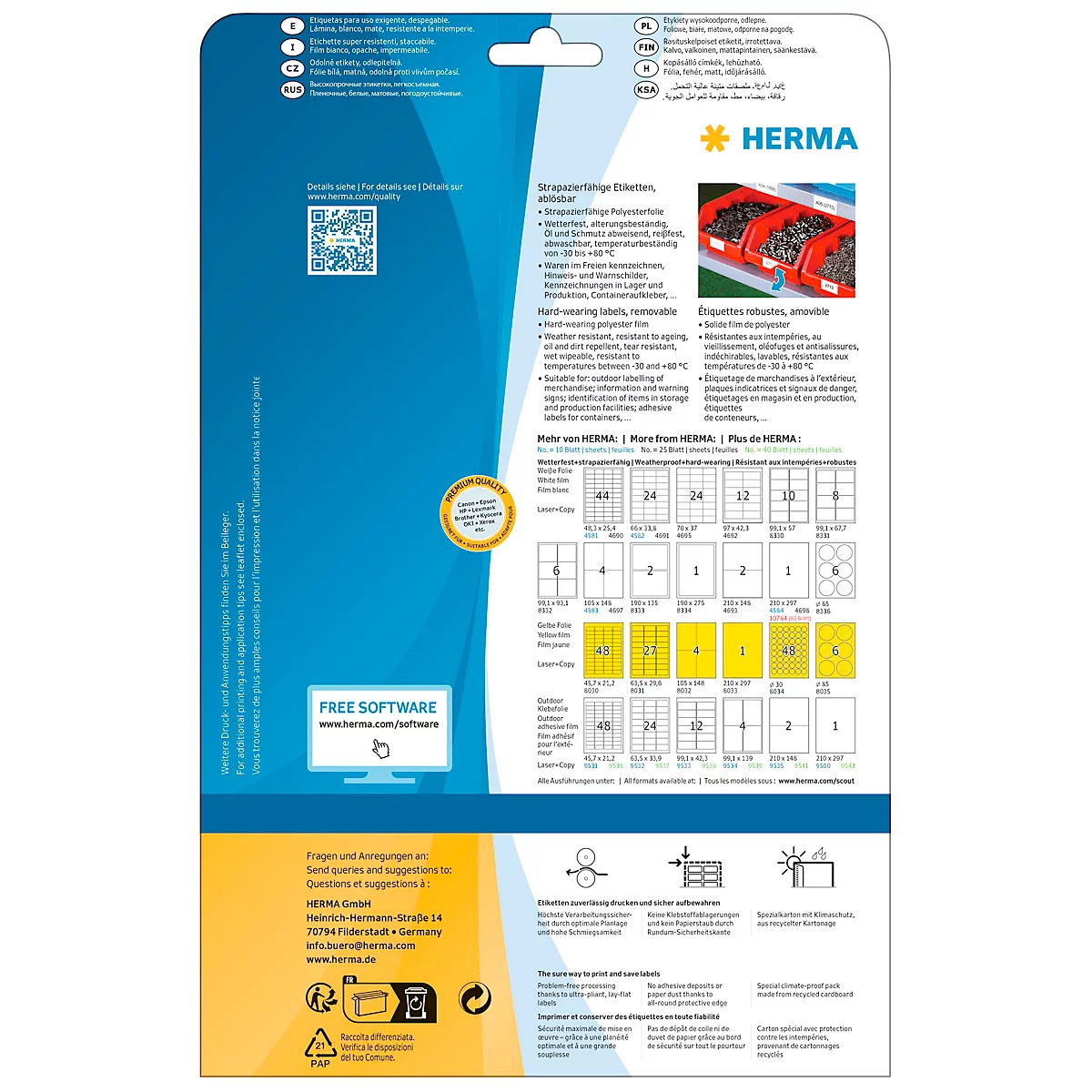 Rückseite eines Etikettenpakets mit Produktinformationen und verschiedenen Etikettengrößen.