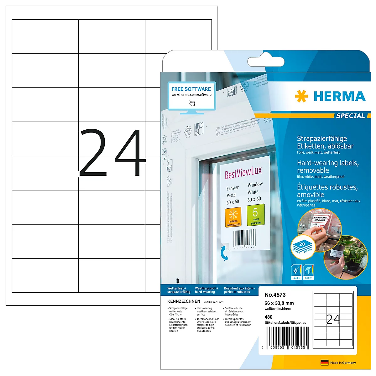 Eine Packung Herma-Etiketten mit 24 quadratischen Etiketten und Details, darunter Text und Logos.