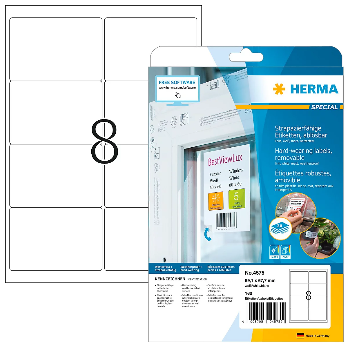 Ein Blatt Etiketten neben einer Verpackung. Aufgedruckt sind: HERMA SPECIAL, Etiketten, ablösbar. Das Blatt zeigt eine große "8".