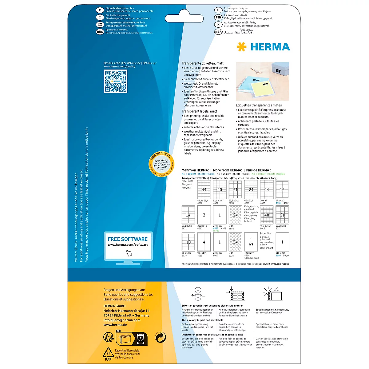 Rückseite einer Etikettenverpackung mit Produktinformationen und Layoutbeispielen. Ein blau-weißes Design mit Text in verschiedenen Sprachen, QR-Code und Firmenlogo.