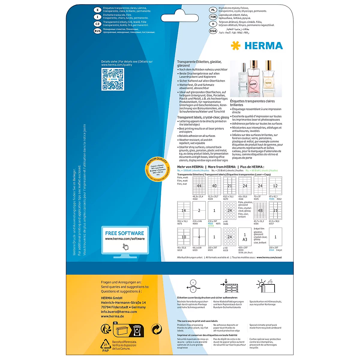 Rückseite einer Packung mit transparenten Etiketten, blaue und weiße Elemente, Texte und Produktabbildung.