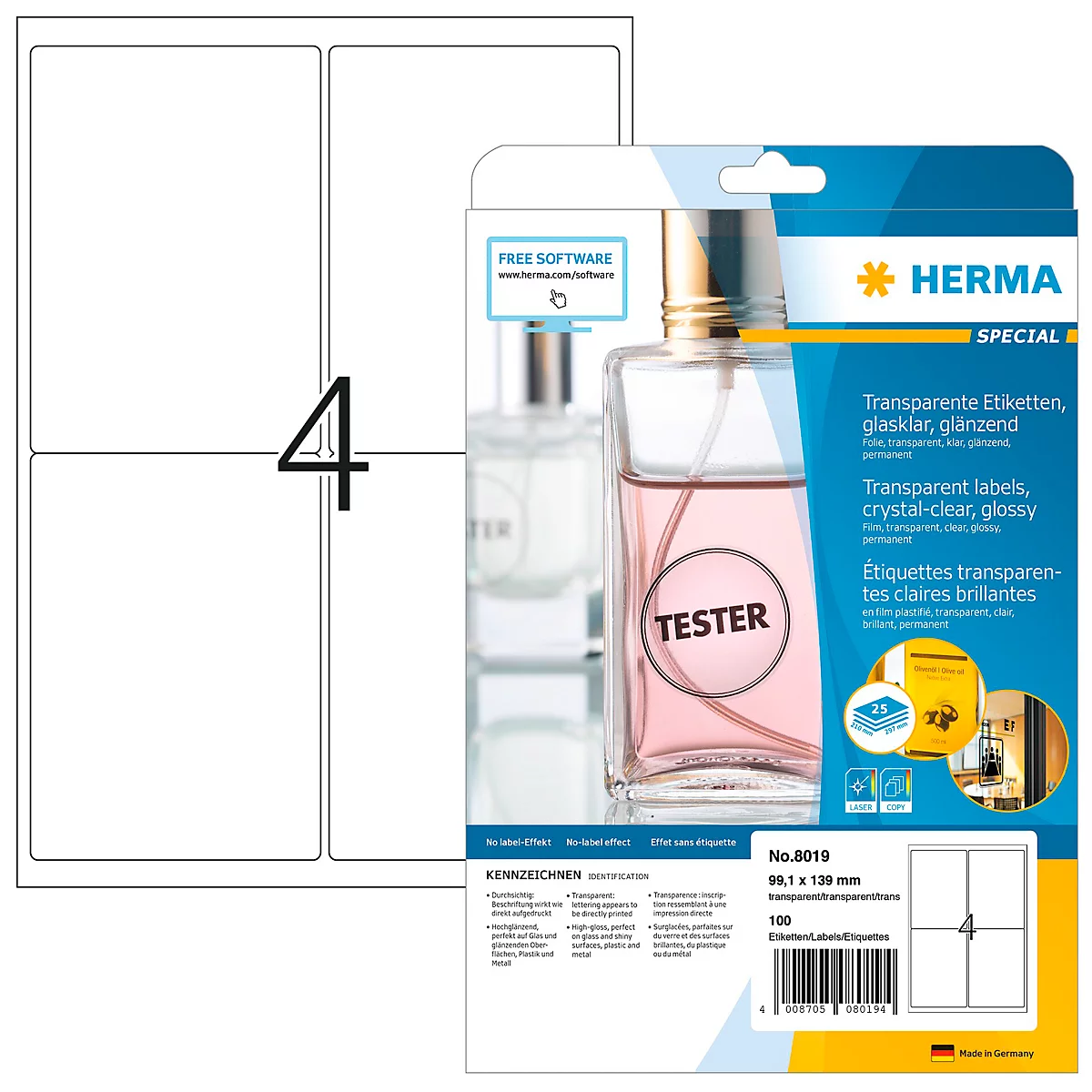 Rückseite einer Produktverpackung mit Produktinformationen und Etikettenmuster, HERMA Logo, blaue und weiße Elemente.