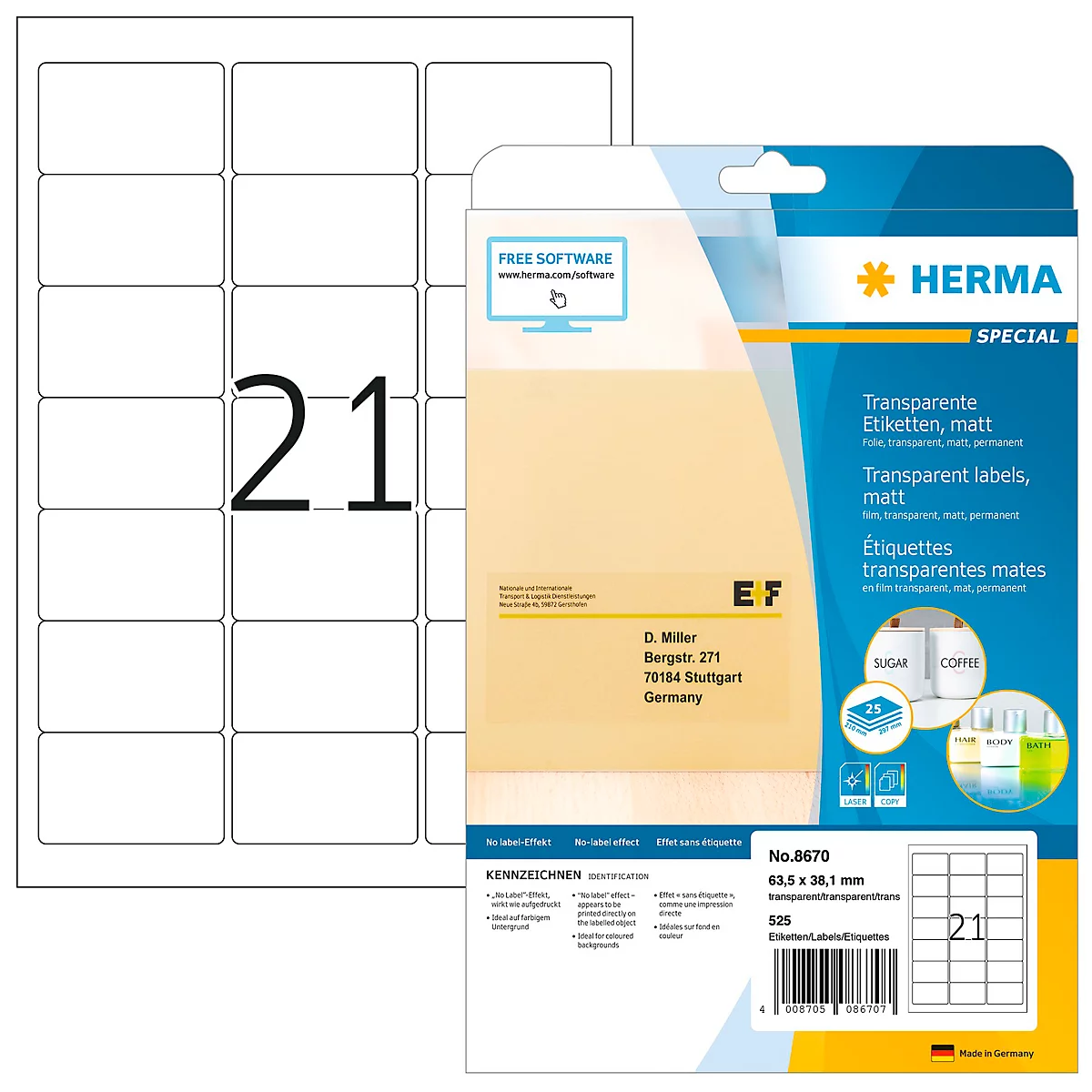 Blatt mit 21 Aufklebern neben einer Packung transparenter Etiketten. Aufdrucke: „HERMA Special“, „Transparent“, „21“.