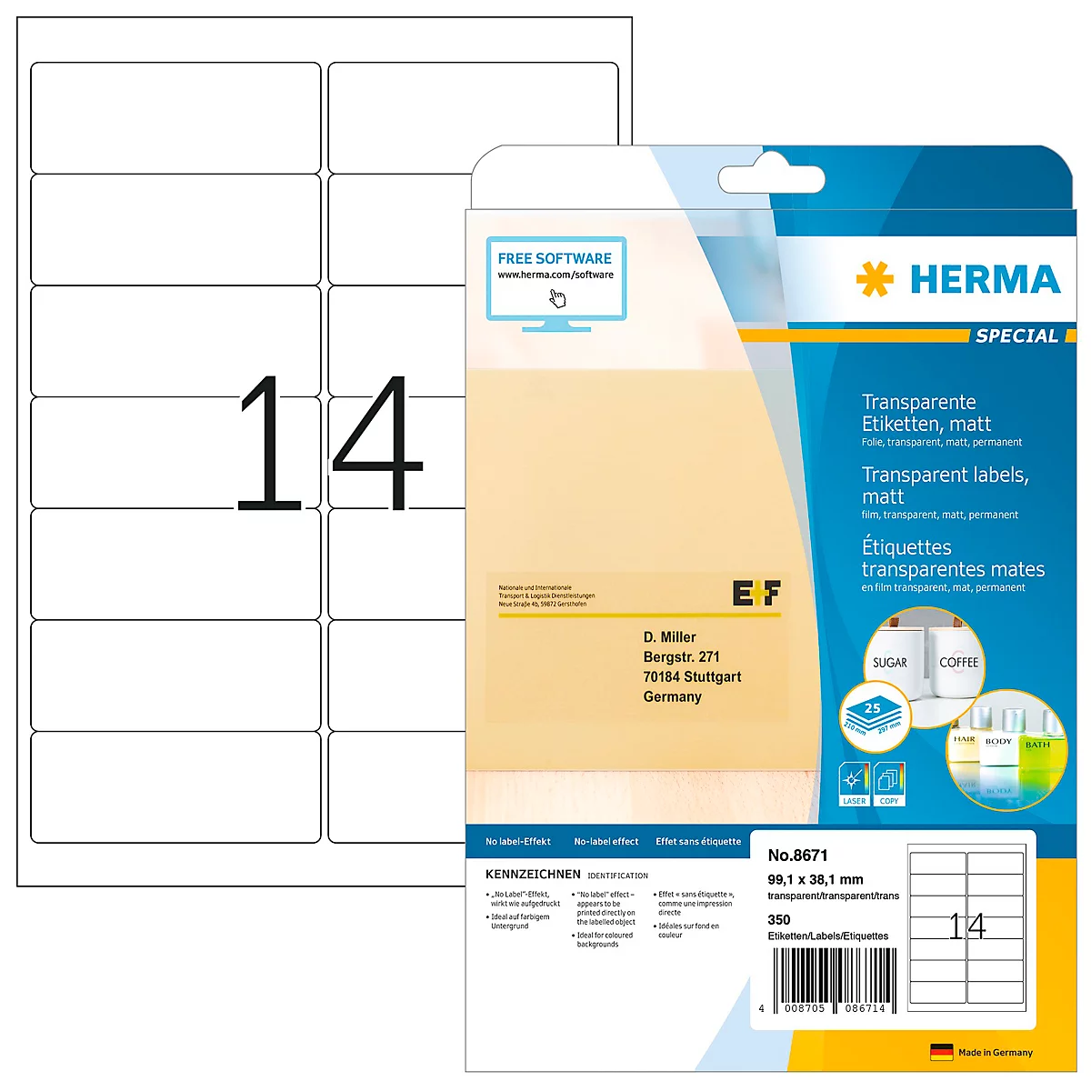 Packung mit transparenten Etiketten, daneben eine einzelne Etikettenvorlage mit der Zahl 14.