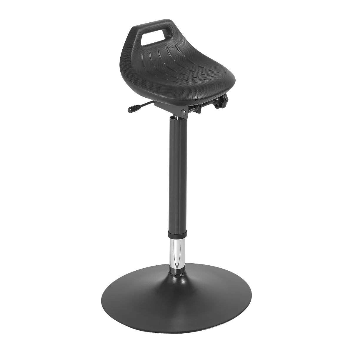 Black work chair. Round seat with holes. Height adjustable, with handle and base.
