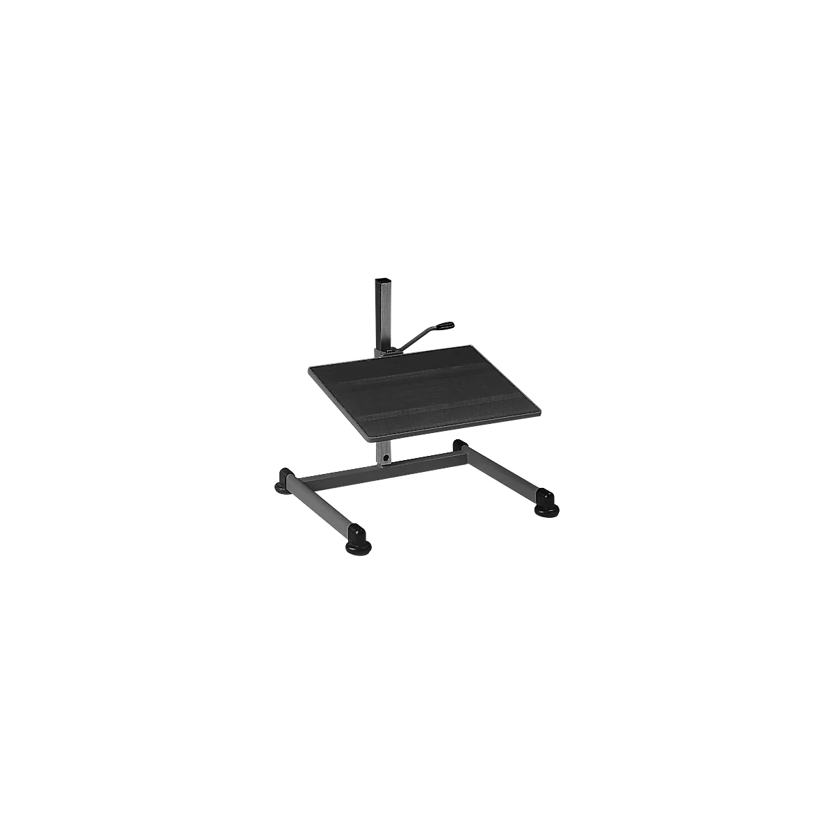 Black, tilting standing desk, with handle and four feet. Rather gray color.