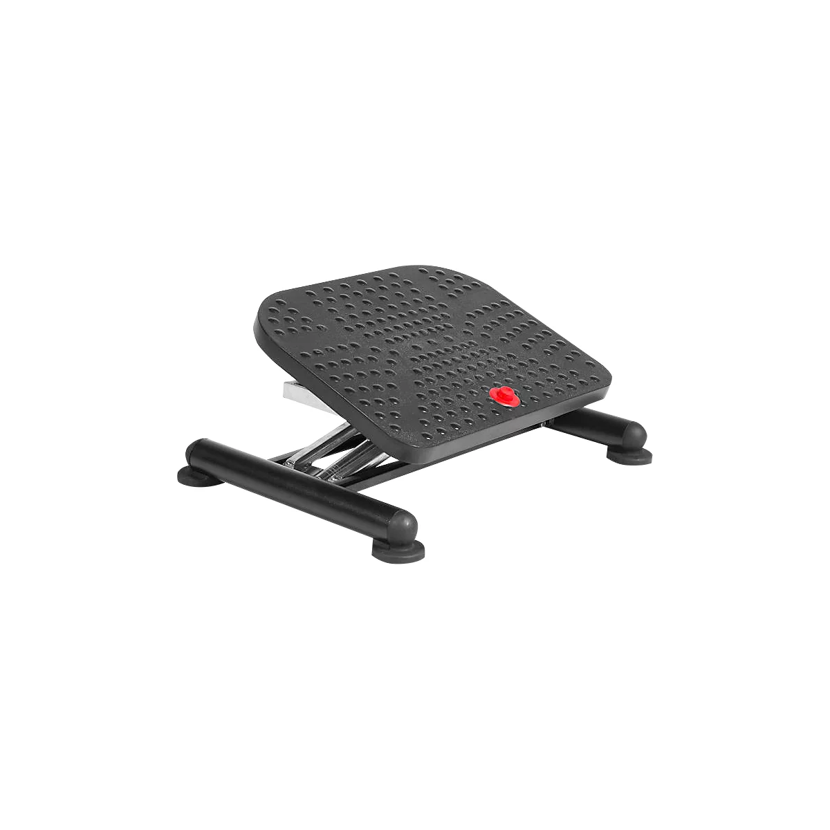Black footrest with a dotted surface. A red button is located at the front. The support is height adjustable.