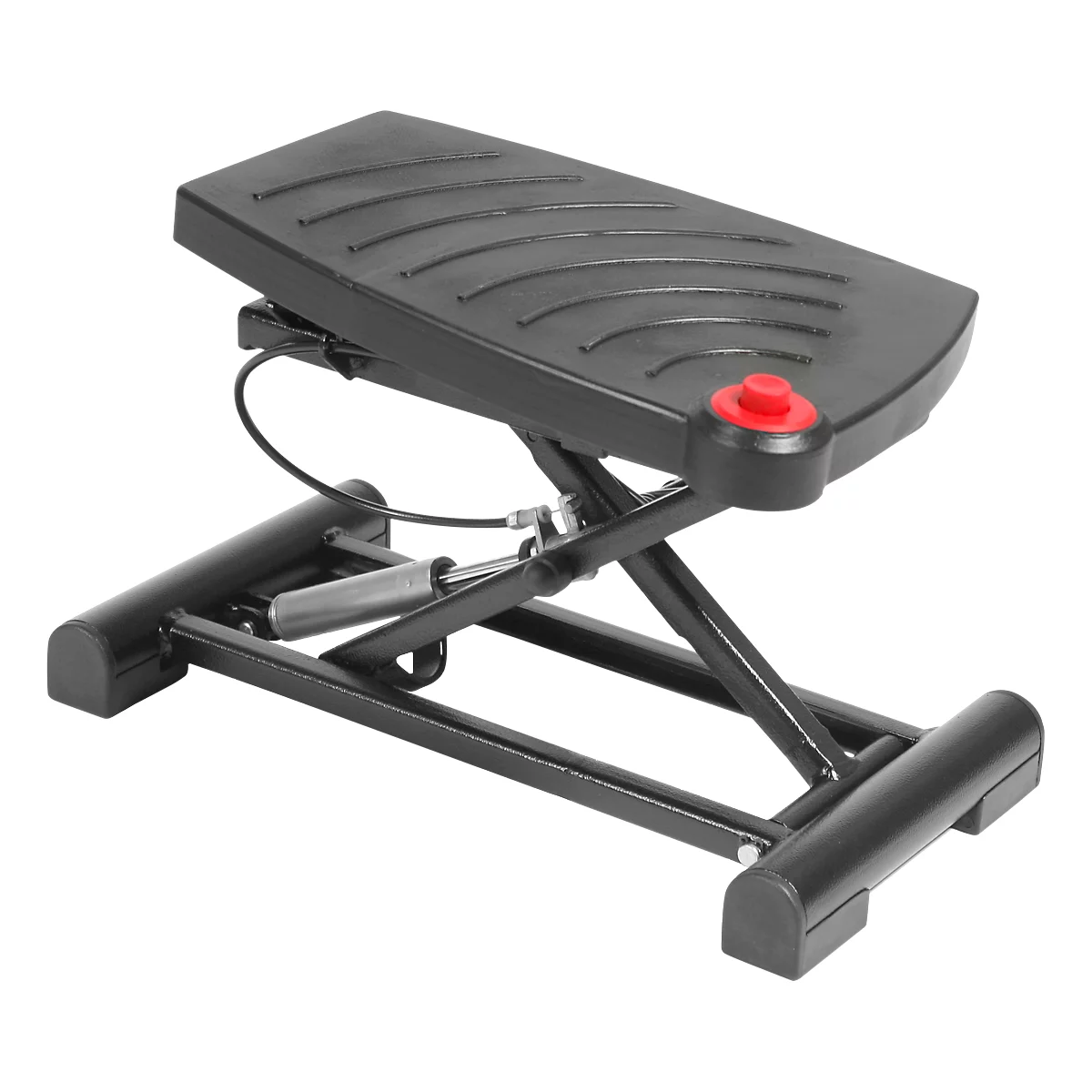 Black footrest with red button and ribbed surface. The frame is made of metal.