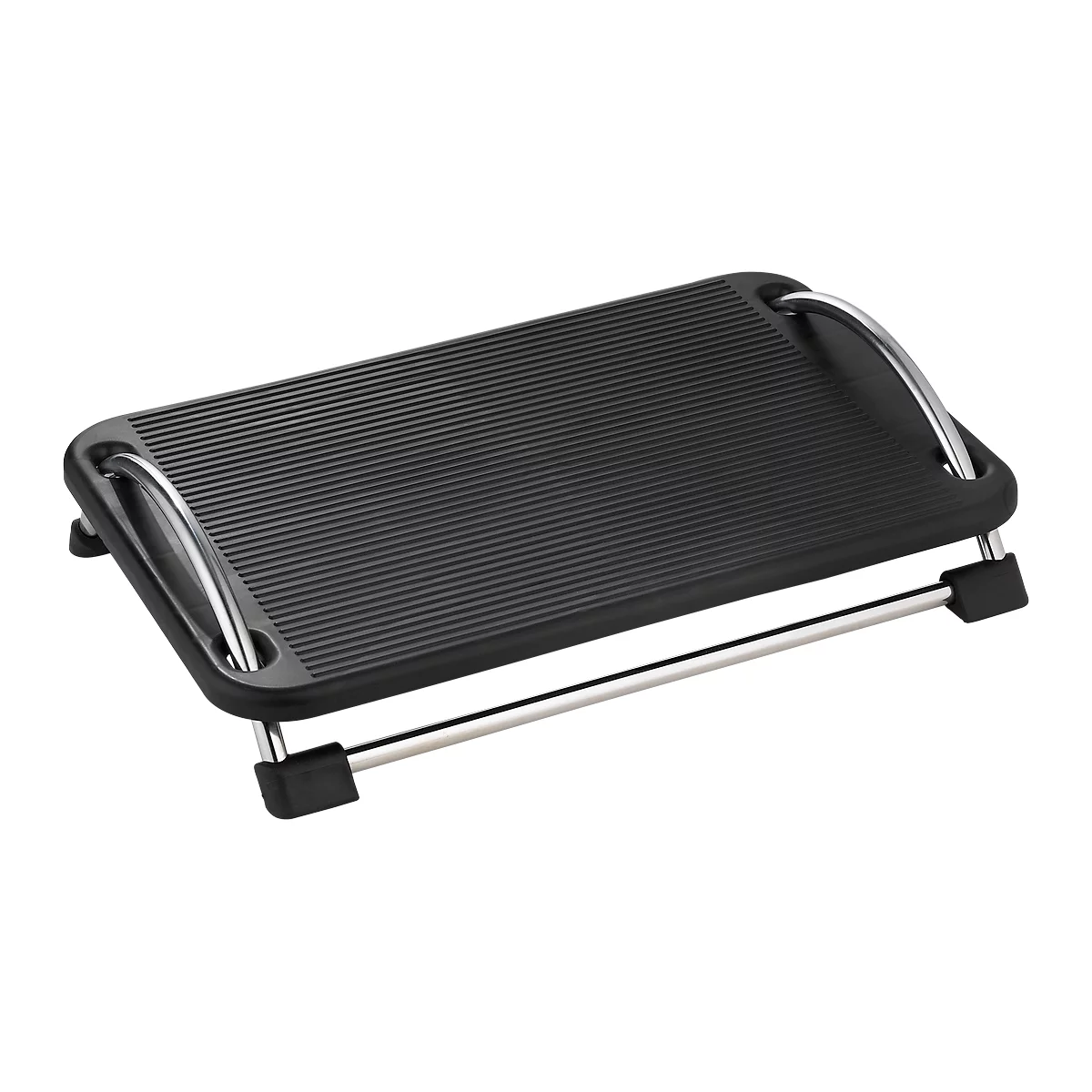 Black footrest made of plastic and metal. The ribbed surface provides slip resistance. On silver legs.