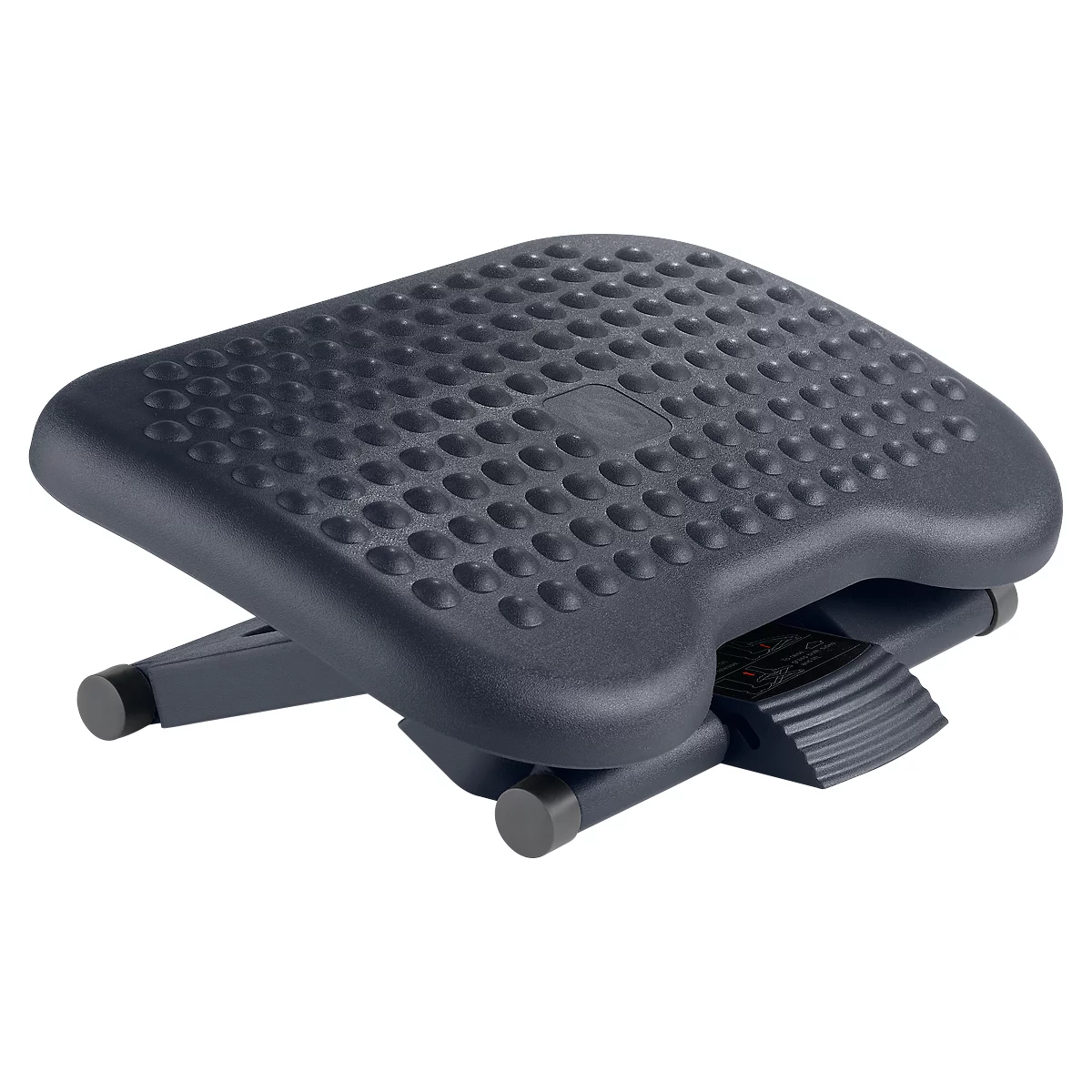 A dark gray footrest with a ribbed surface and adjustable feet. An ergonomic detail.