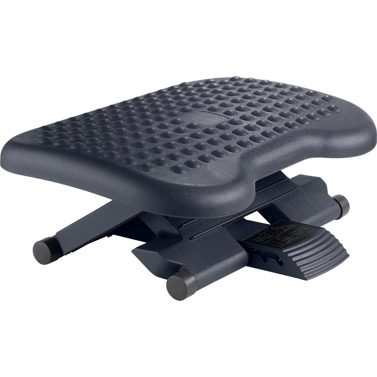 Black plastic footrest with textured surface, on X-shaped frame. Adjustable in height.