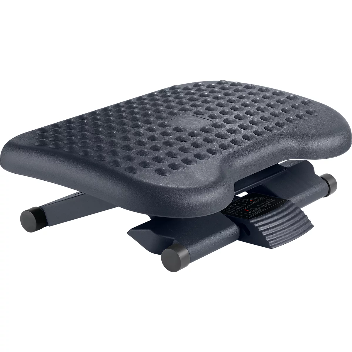 Black footrest with dotted surface, adjustable.