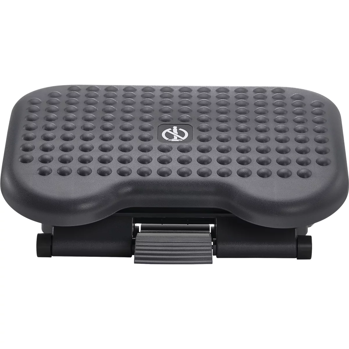 Black footrest with ridged surface and logo.