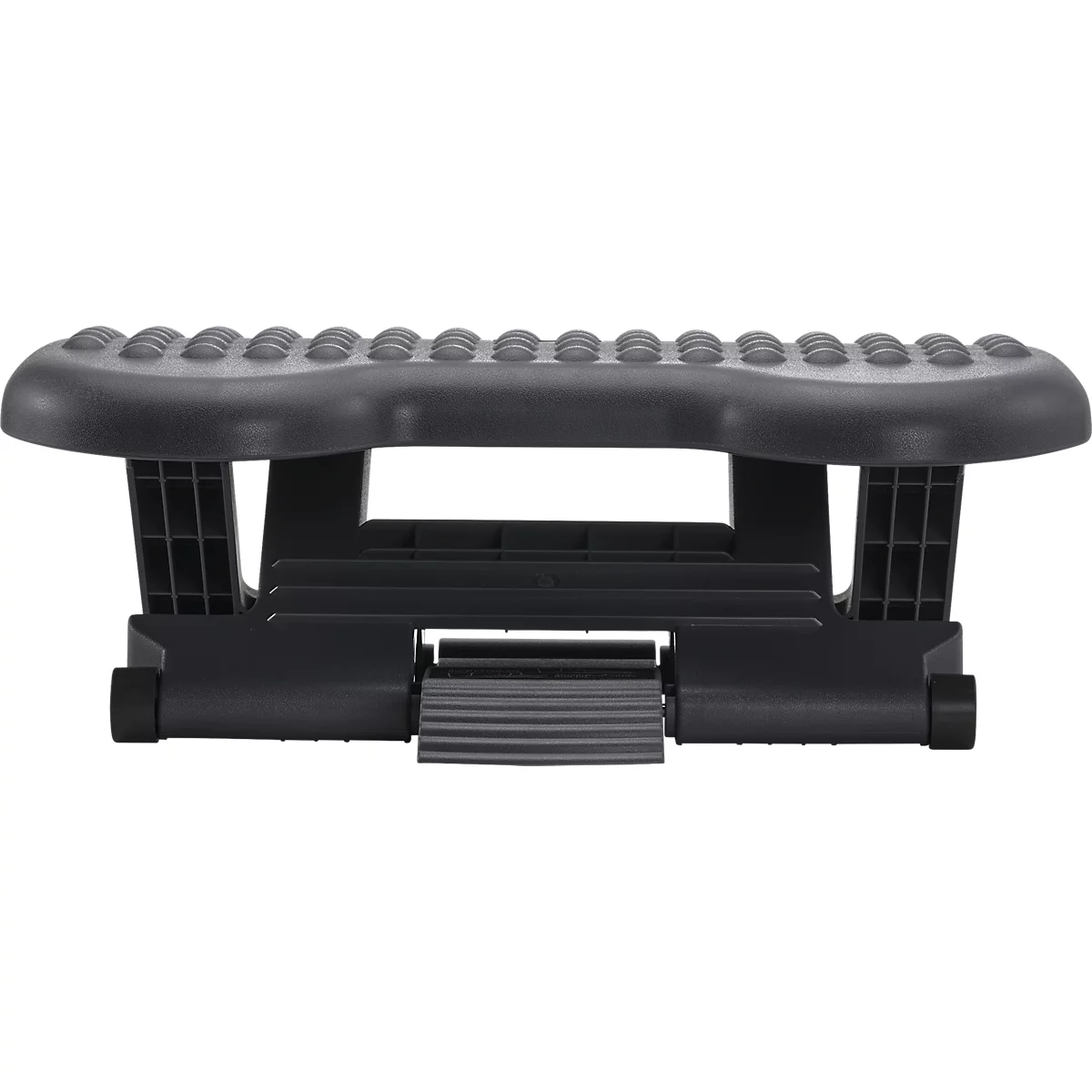 A black footrest, consisting of a platform with knobs and an adjustable support frame.