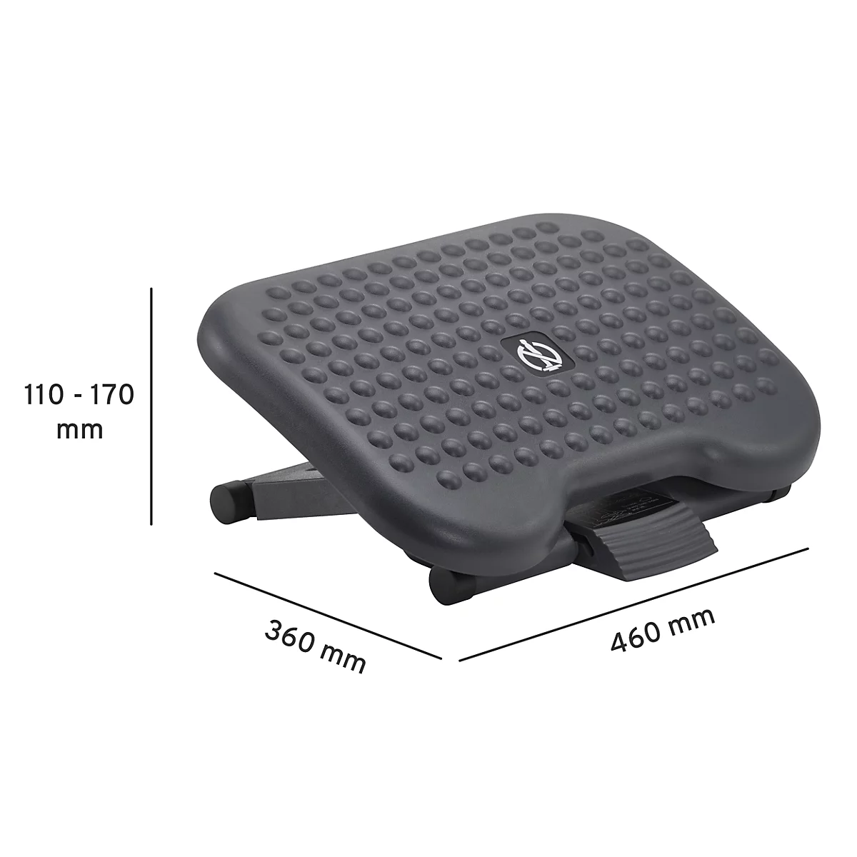 Black footrest with studded pattern. Dimensions: 460 x 360 mm. Height adjustable from 110 to 170 mm.