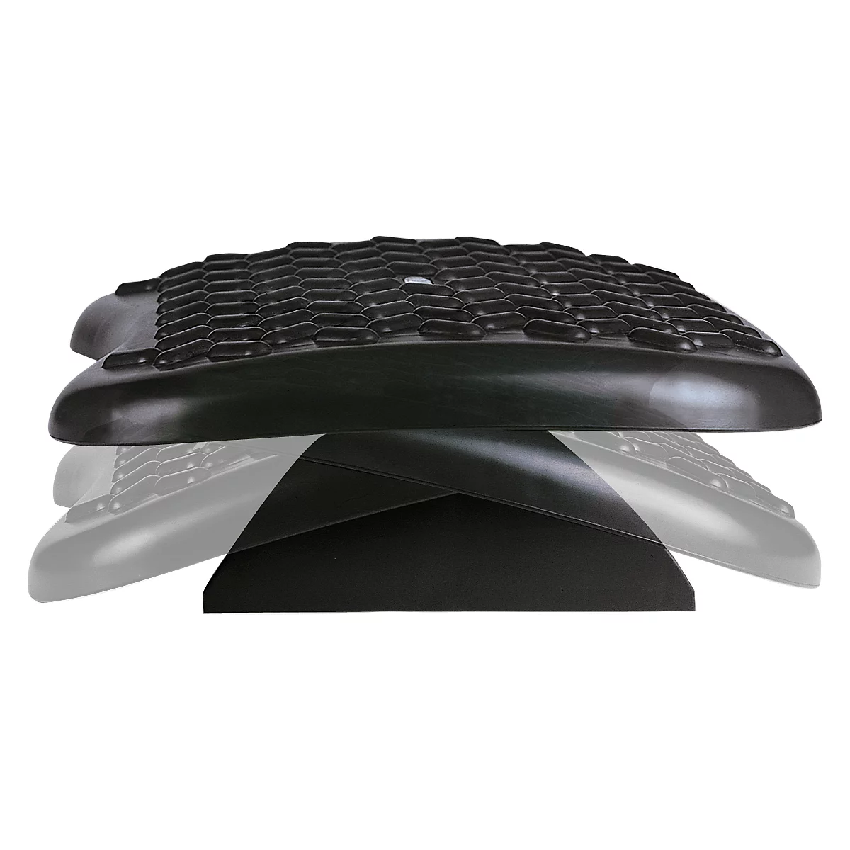 Black footrest, photographed diagonally from below. The top is textured, the bottom is smooth.