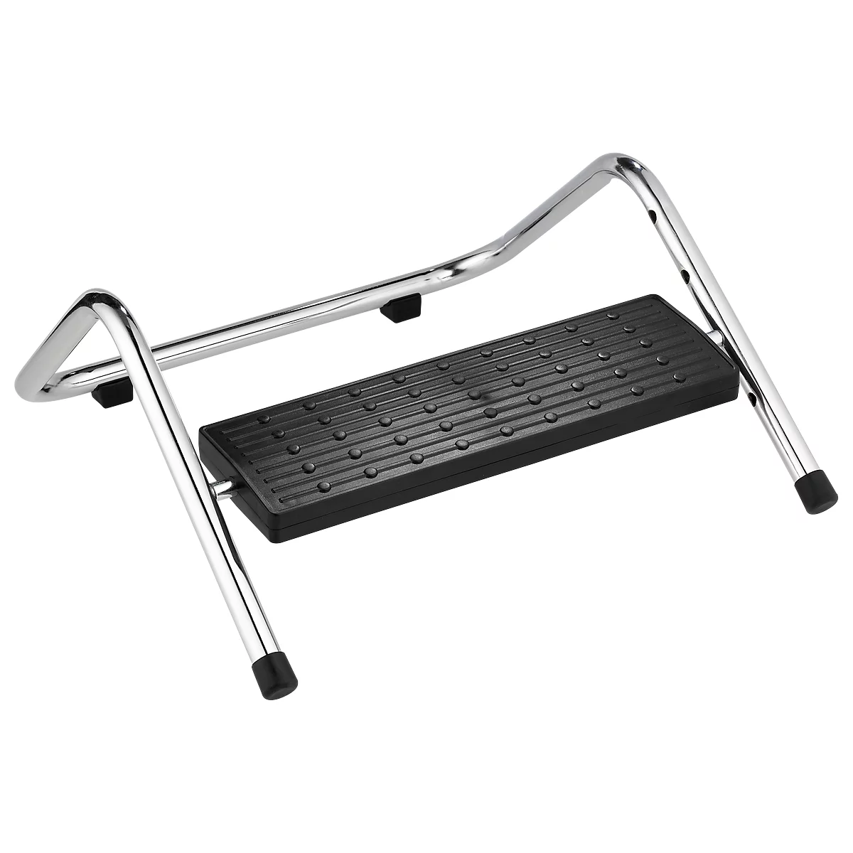 Black textured footrest with chrome frame. The frame has feet with rubber stoppers.