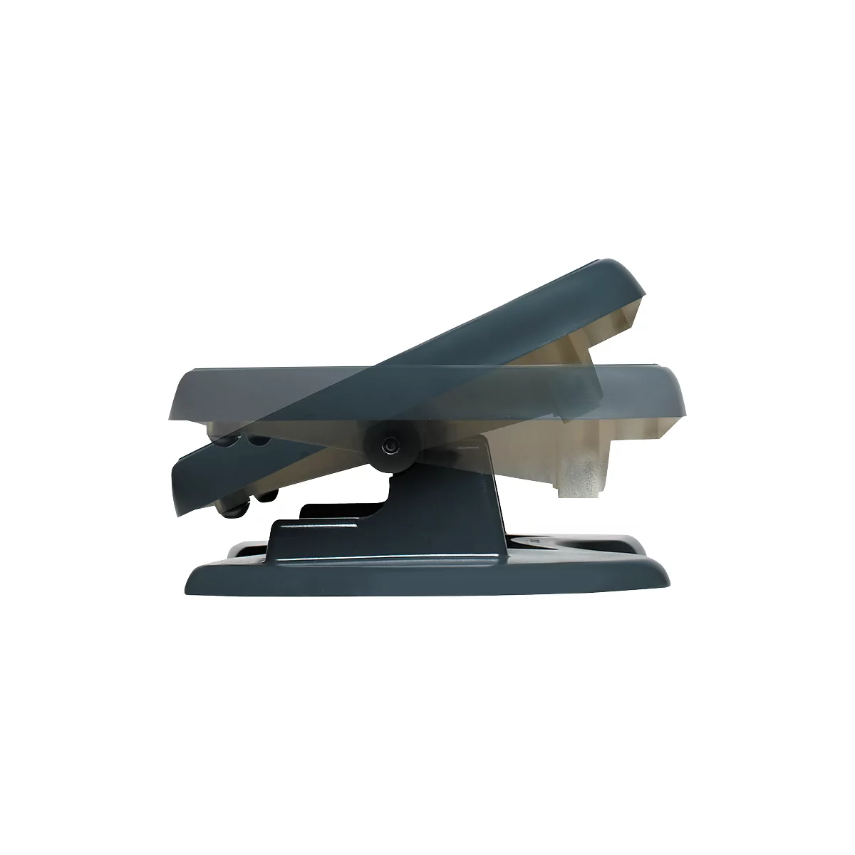 A dark-colored hole puncher that is open. The lever mechanism is clearly visible.