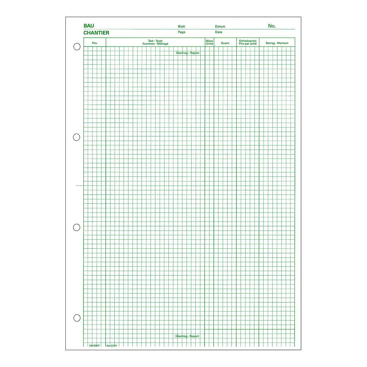 Checkered green sheet with perforation, heading "Bau Chantiers".