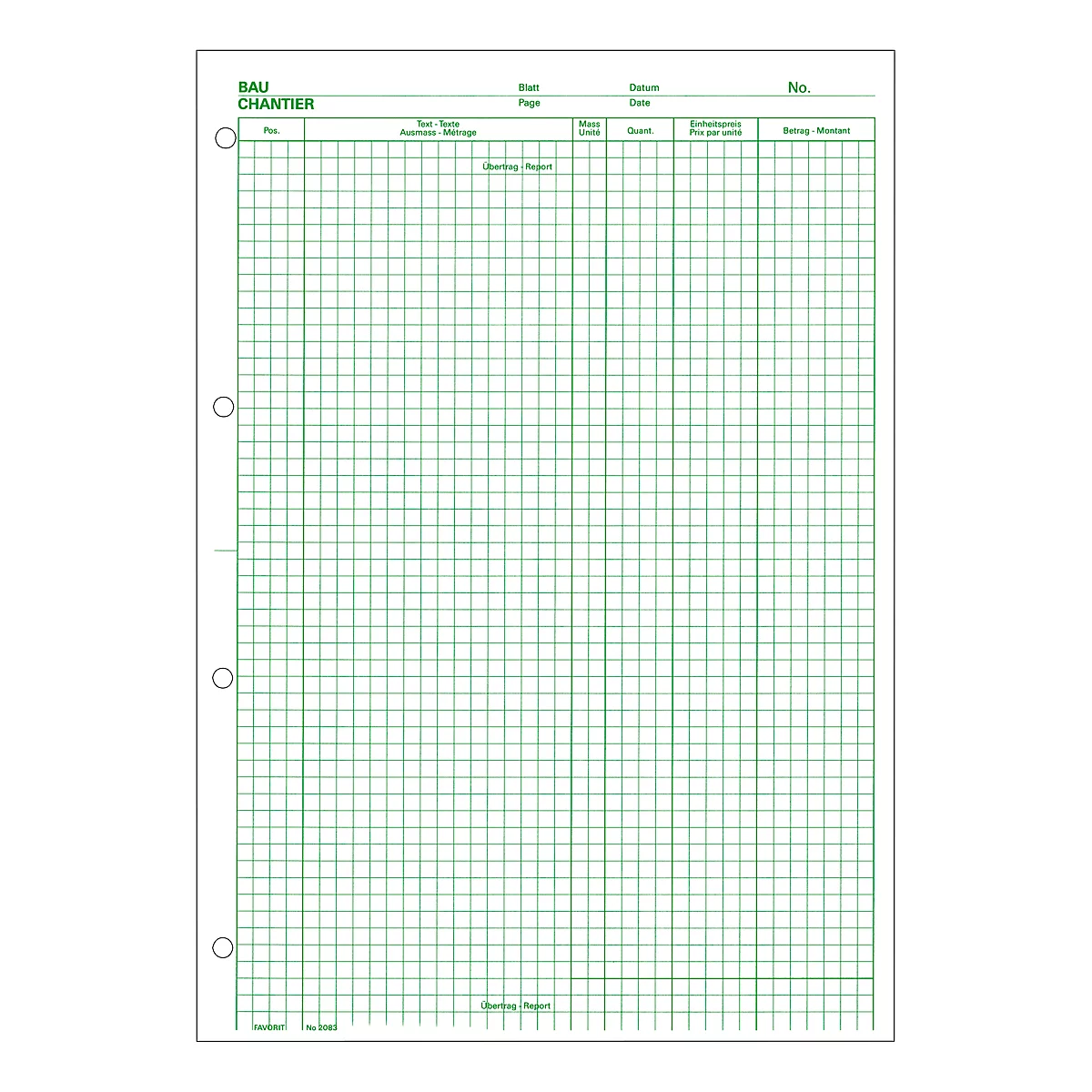 Green checkered notebook with holes, headline "BAU CHANTIER".