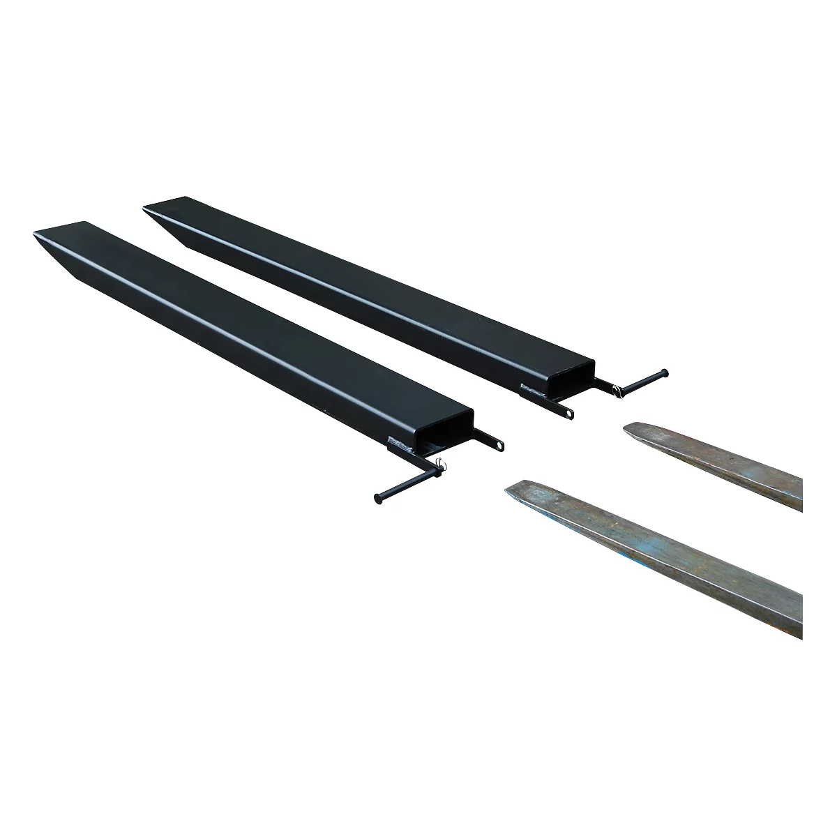 Two forklift forks, black and elongated, lie against a white background. The tips are light and metallic.