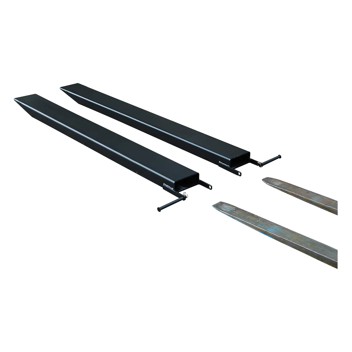Two black forklift forks with metal tips, ready for mounting.