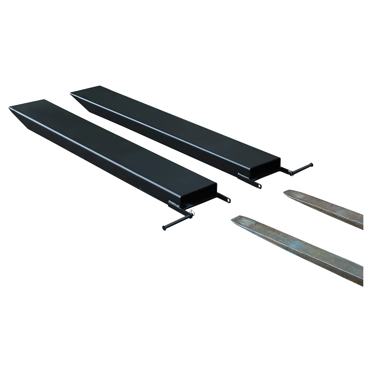 Two black forklift forks next to two metal tips. Perspective from above.