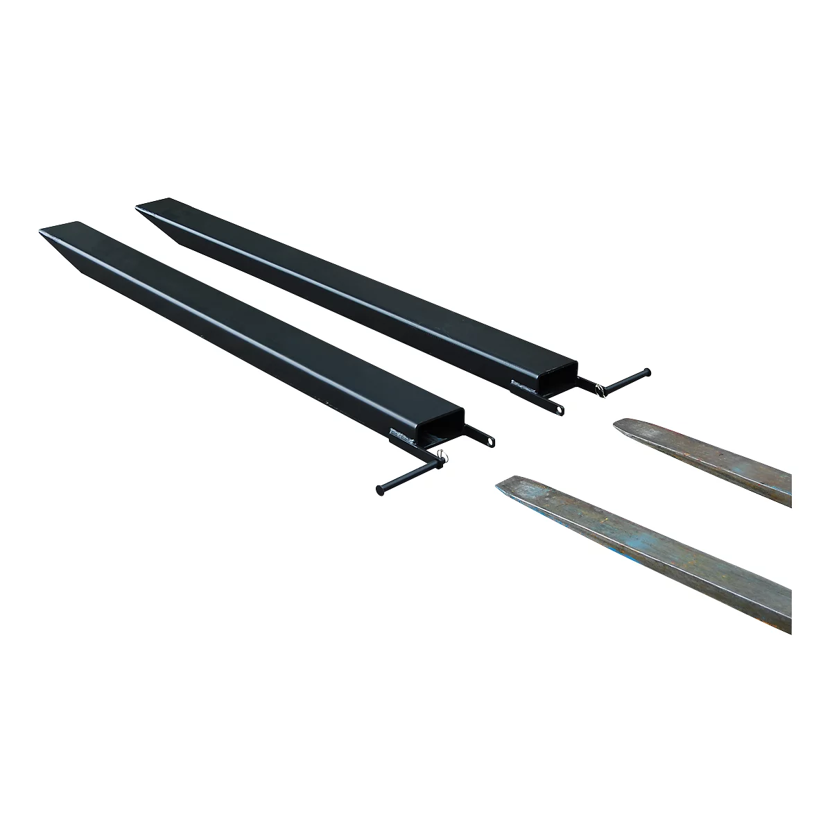 Two black forklift forks on a grey background. The tines are arranged in the air.