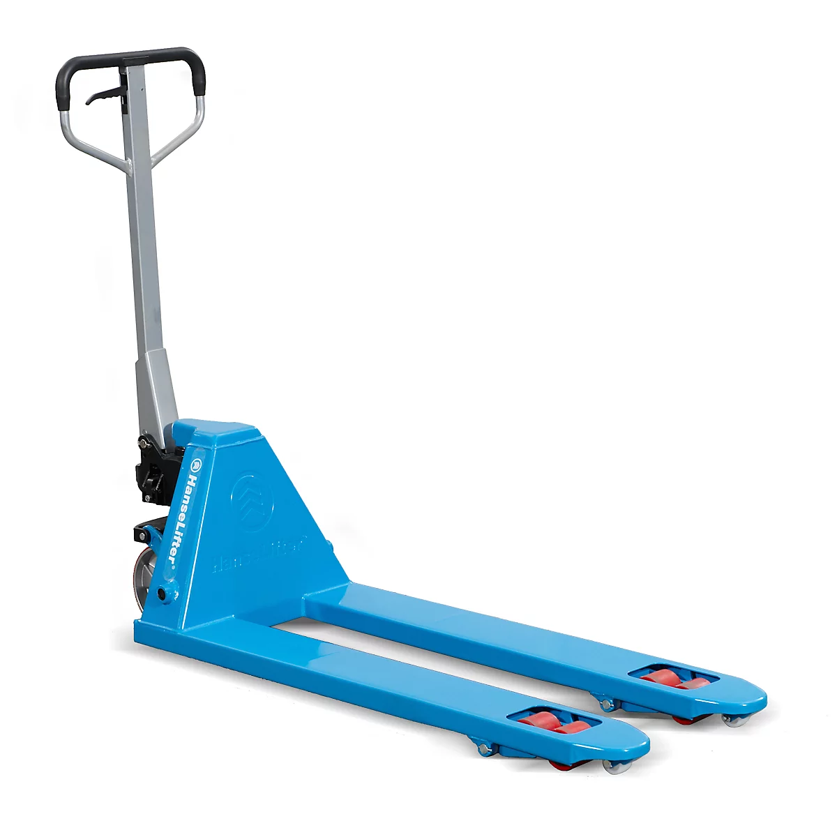 Blue forklift on a white background. With handle, lifting device and two forks.