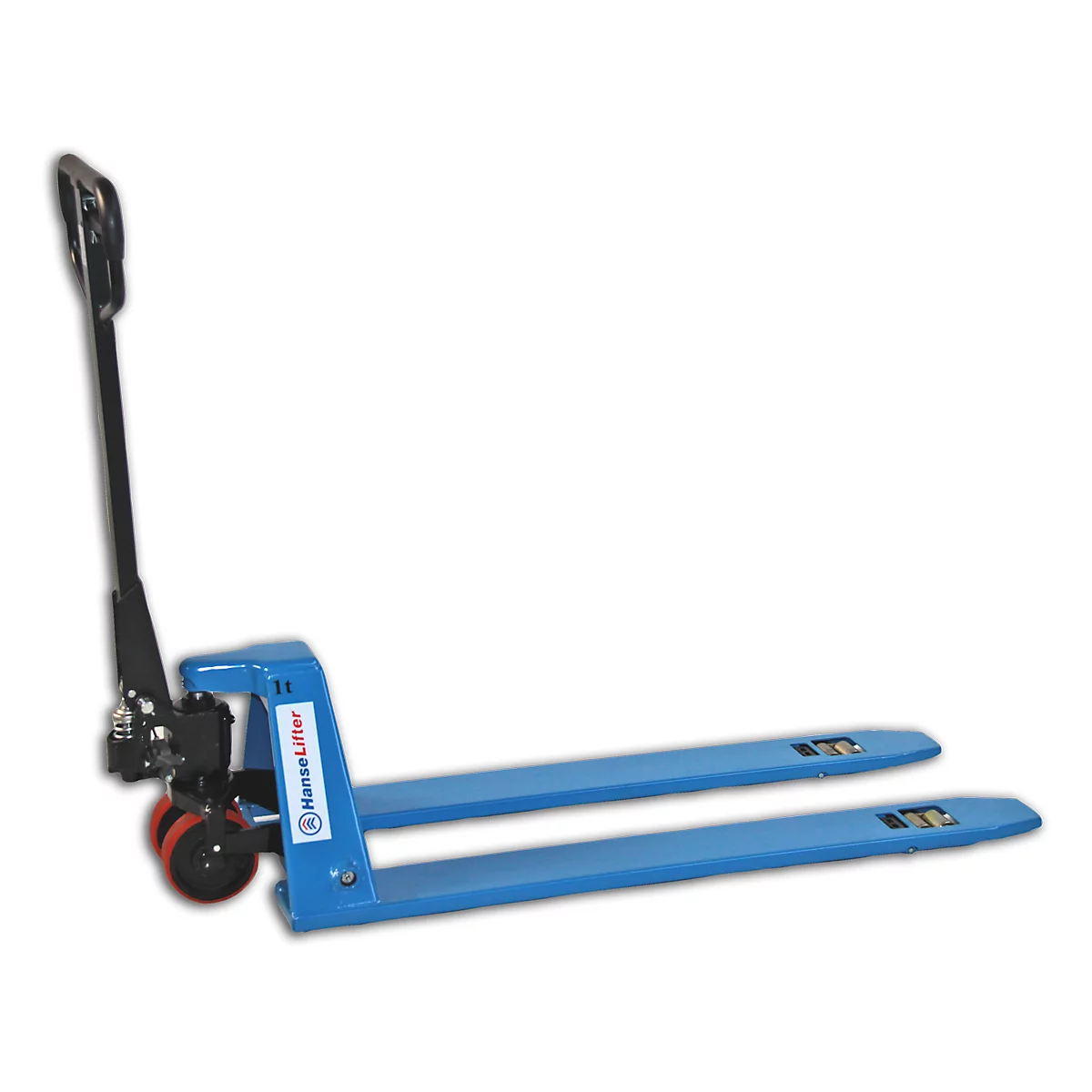 Blue pallet truck with handle and red wheel. The words "HanseLifter" are visible.