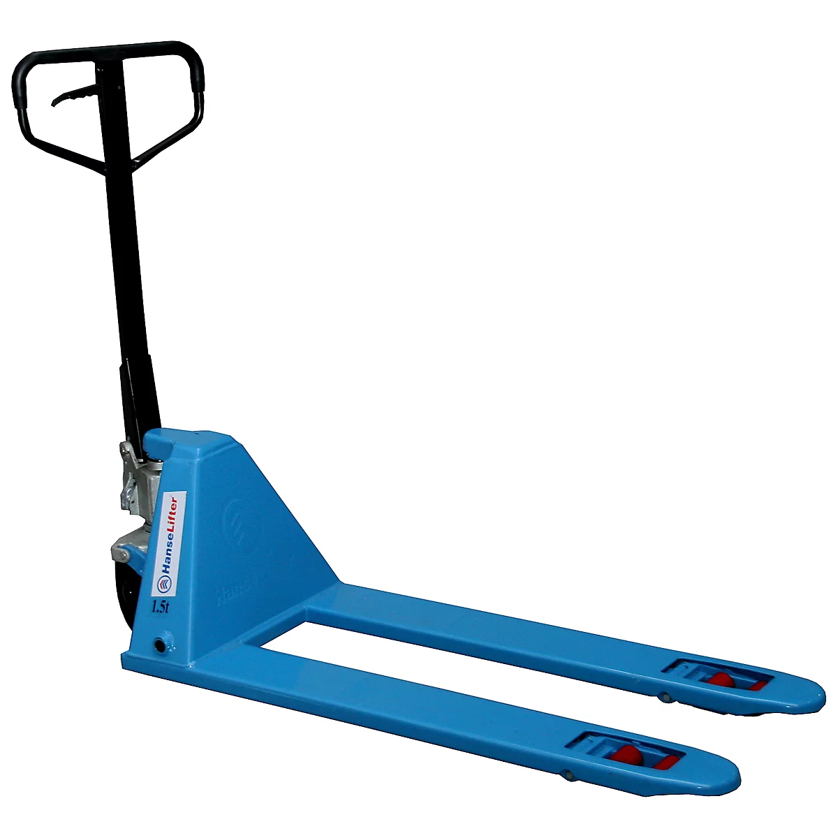 Blue pallet jack with black handle on a white background.