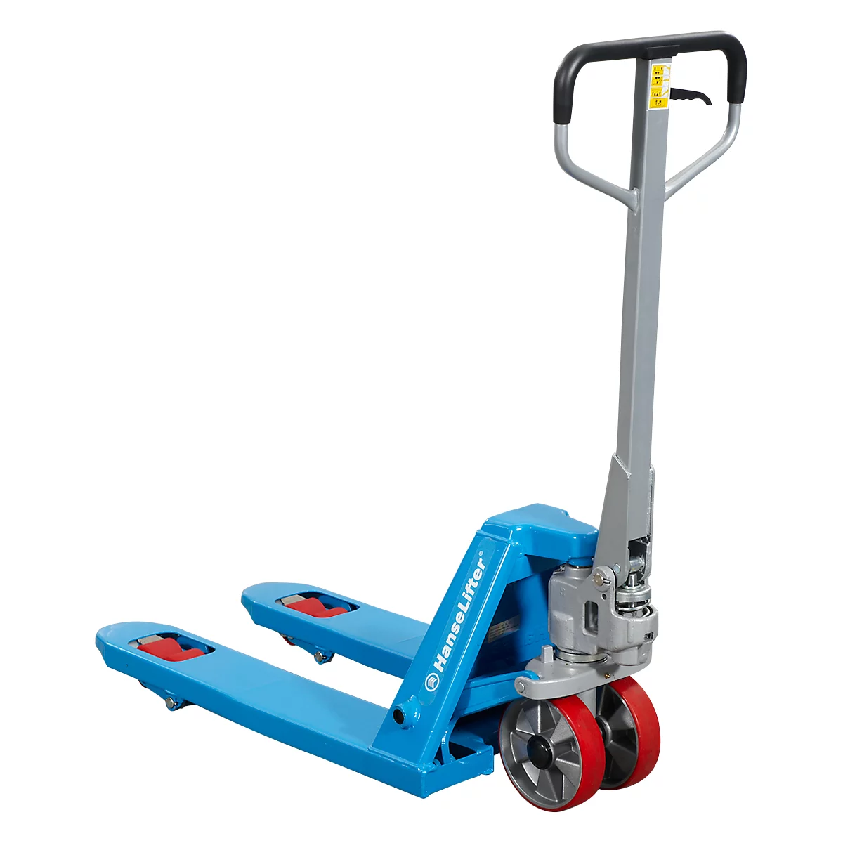 Blue pallet truck, HanseLifter brand, with red roller wheels.