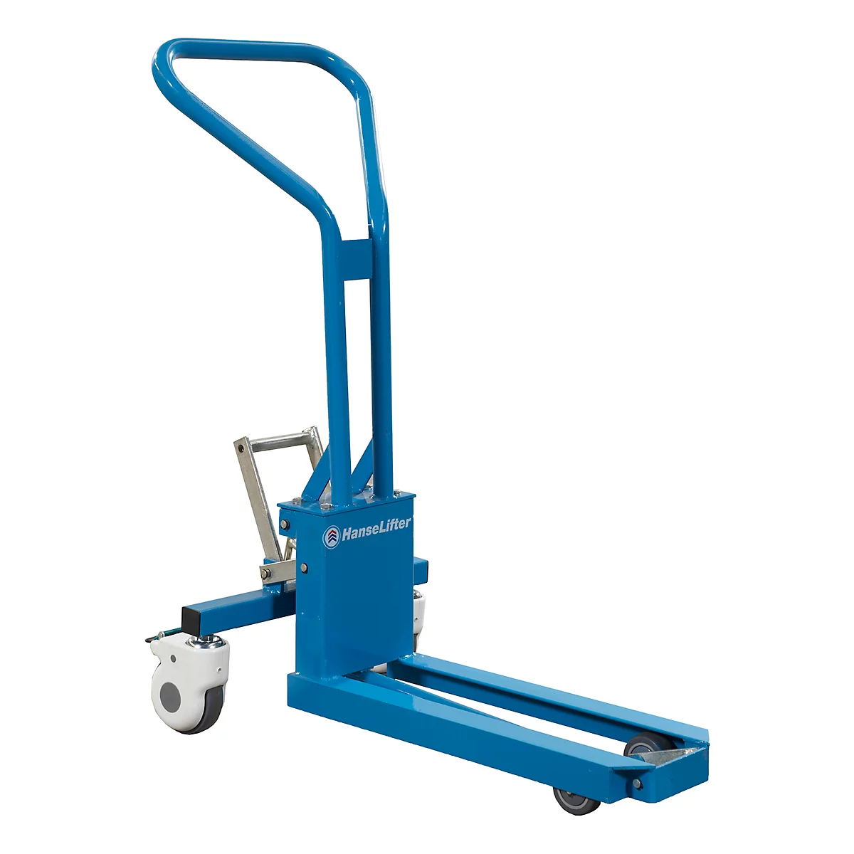 Blue forklift with handle. The "HanseLifter" logo is visible.
