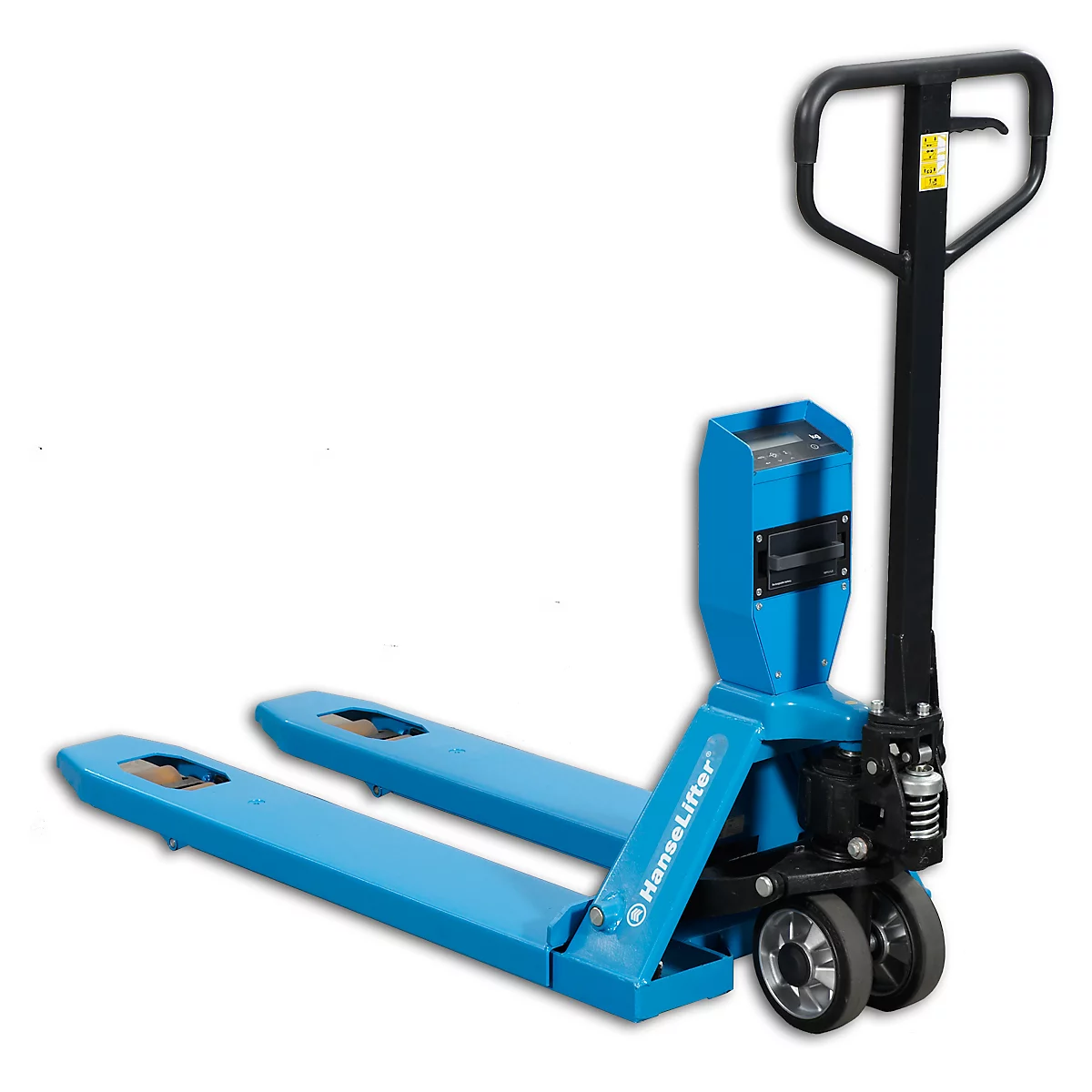 Blue pallet truck, side view. Black drawbar, blue housing with display and brand logo.