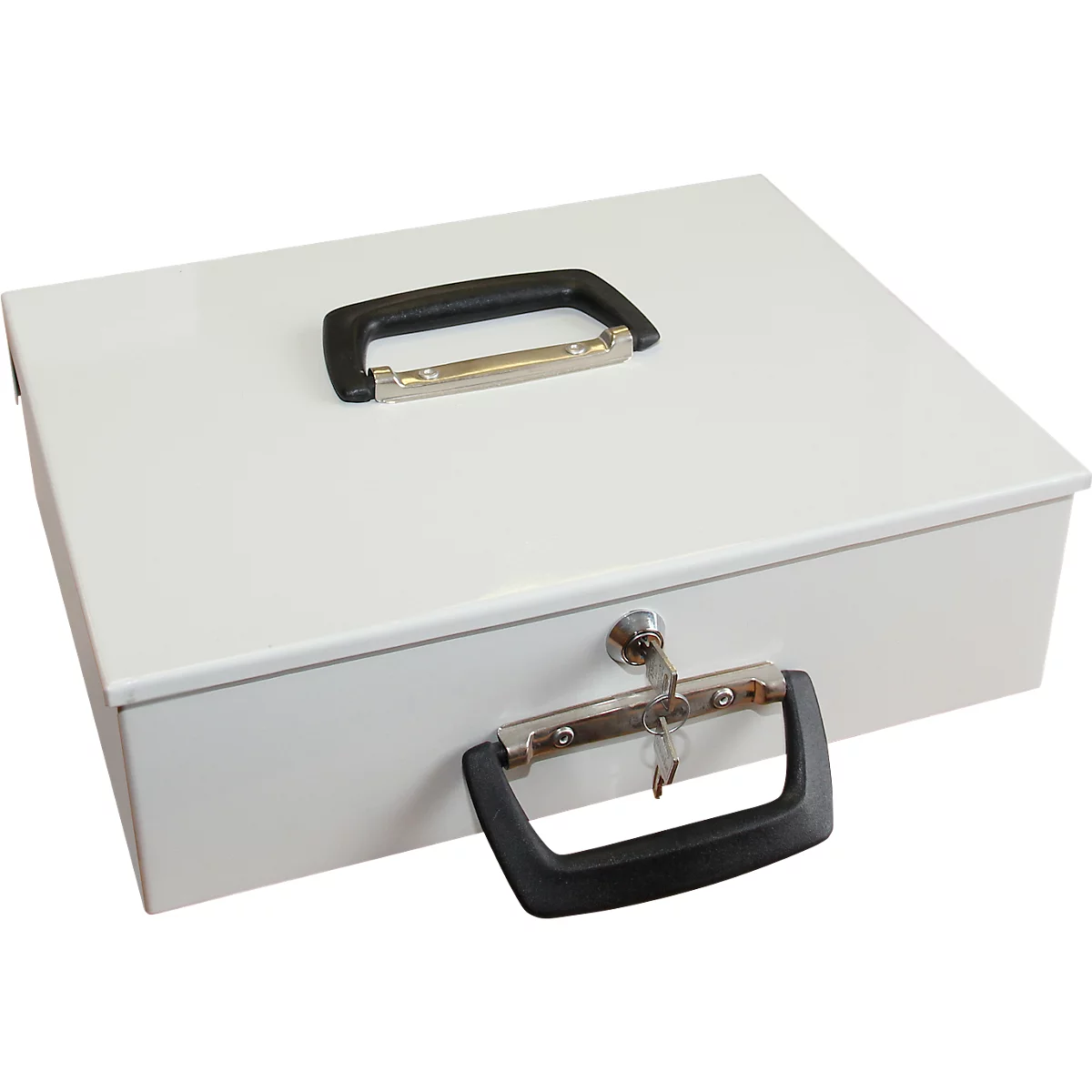 Witte geldkist met zwarte handgreep en slot met sleutel.