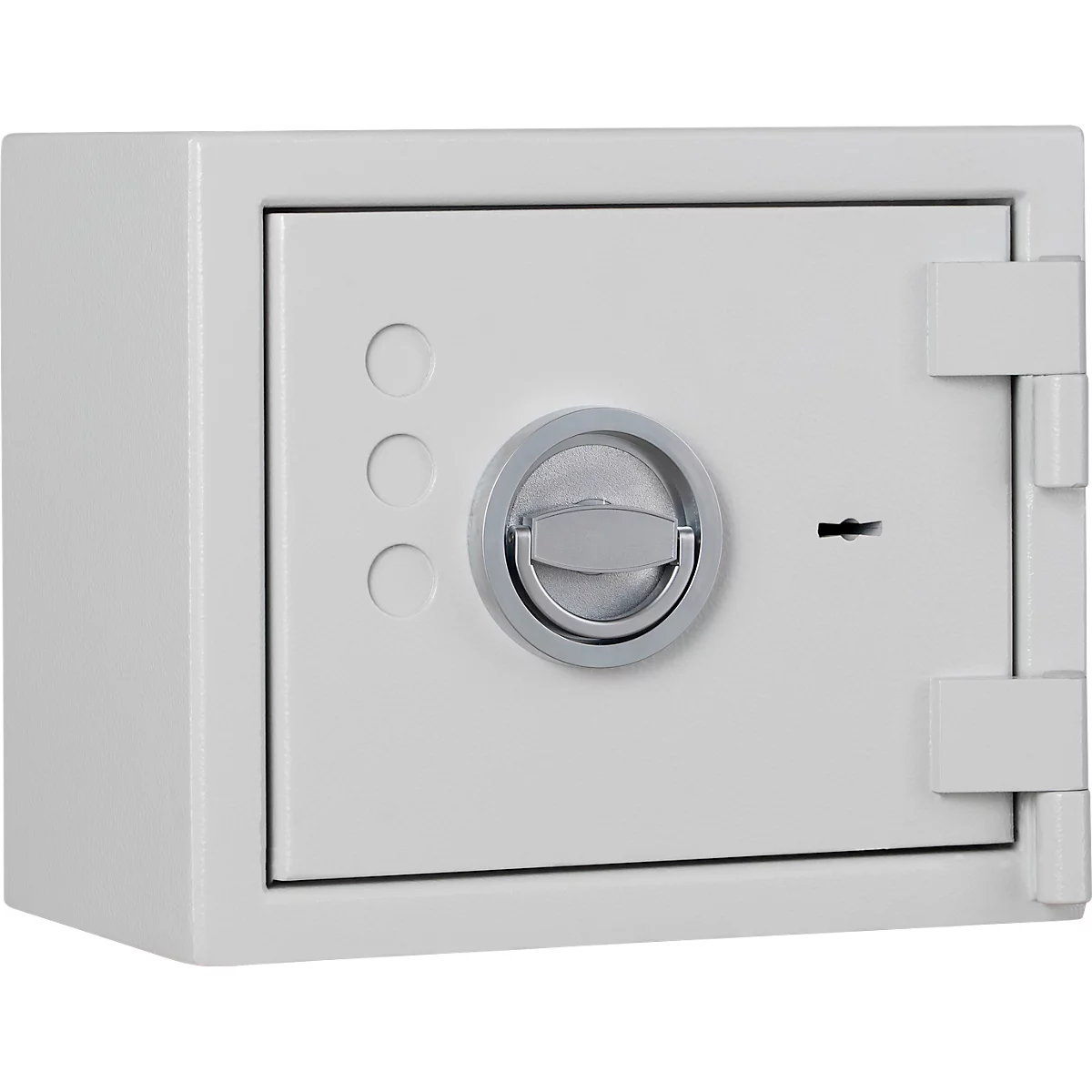 Een witte kluis. Het heeft een handvat, een sleutelgat en drie knoppen links ervan.