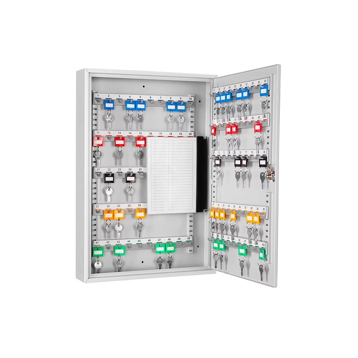 Witte sleutelkast met open deur, gevuld met sleutels en gekleurde labels.